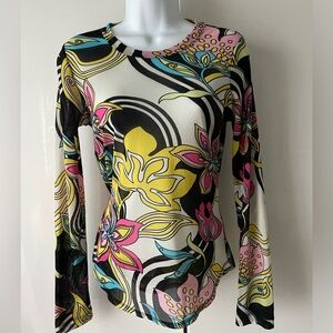 Karen Kane Lifestyle mesh floral abstract colorful long sleeve sheer shirt M